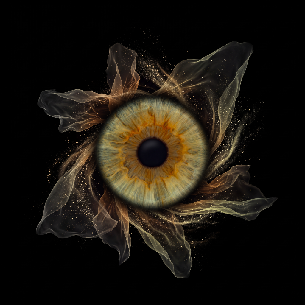 Iris Artwork einer bernsteinfarbenen Iris mit goldenen Seidenschleiern und Goldstaub auf schwarzem Hintergrund – Irisfotografie in Karlsruhe-Durlach