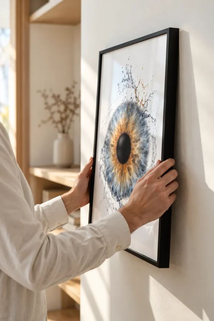 Gerahmtes Iris Artwork wird an die Wand gehängt – Fine-Art-Druck aus dem Fotostudio Thomas Adorff