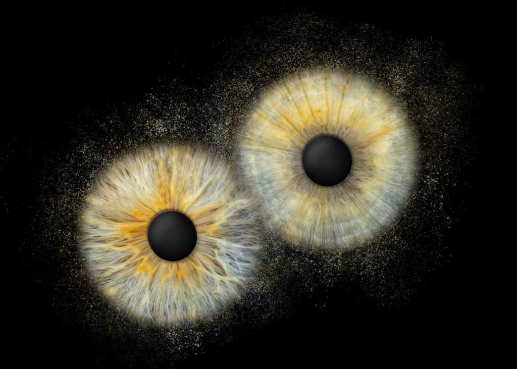 Iris Artwork Duo: zwei goldbraune Iriden mit Partikel-Effekt auf schwarzem Hintergrund