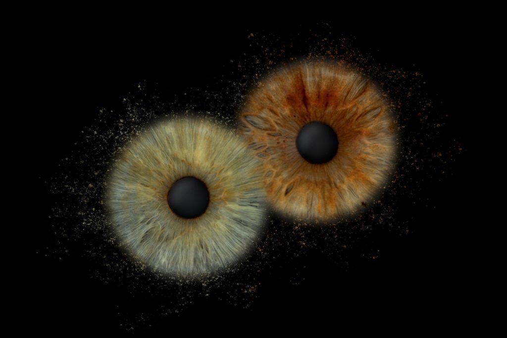 Iris Artwork Duo: hellgrüne und rotbraune Iris, überlappend mit Partikeln auf schwarzem Hintergrund