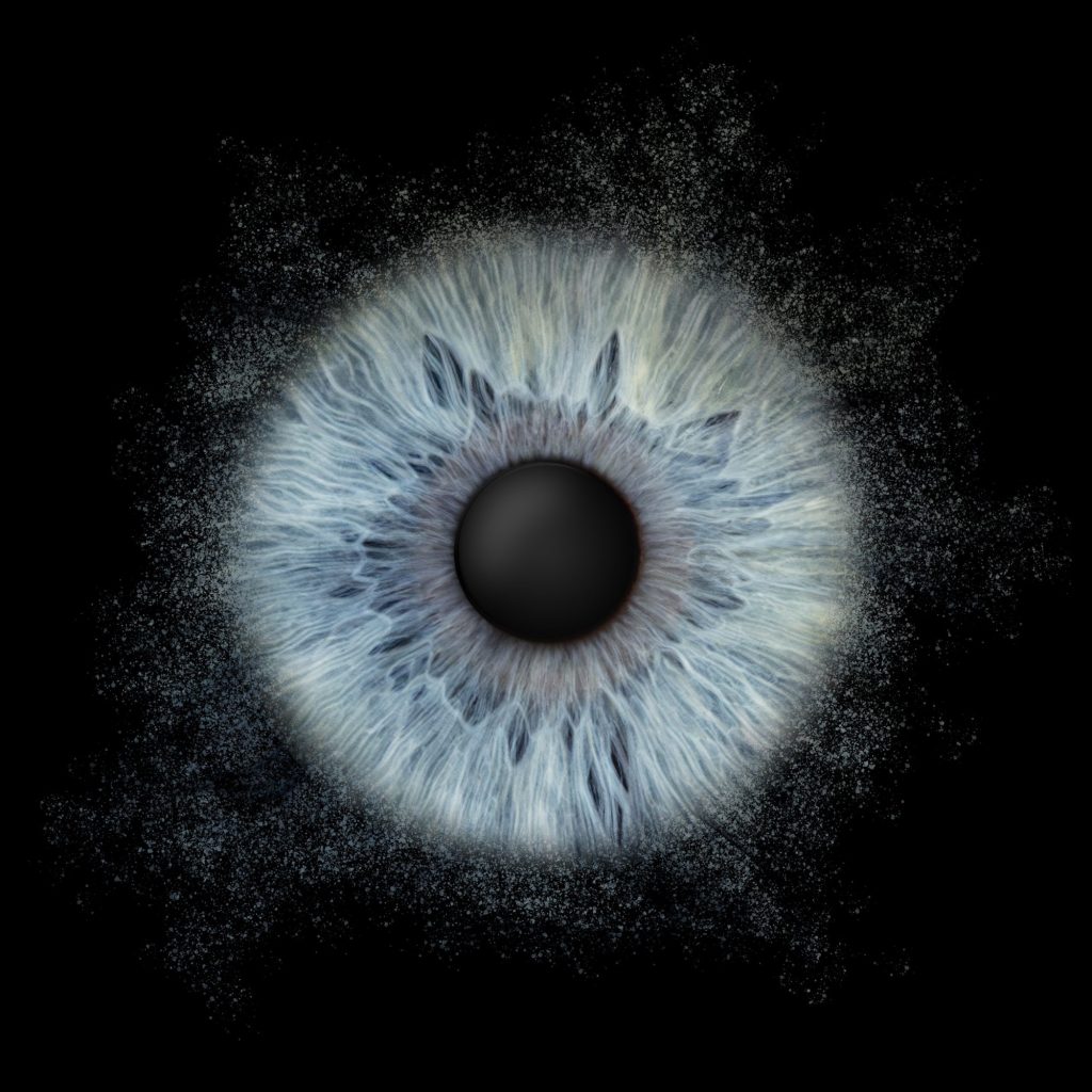 Iris Artwork einer hellblauen Iris mit Partikel-Effekt auf schwarzem Hintergrund – Irisfotografie in Karlsruhe-Durlach
