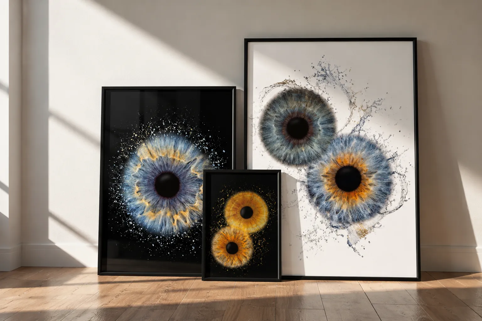 Drei gerahmte Iris Artworks an eine helle Wand gelehnt – Irisfotografie als Wandbild